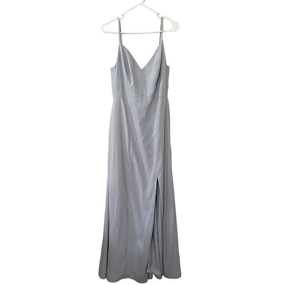 Dessy Collections light blue v-neck spaghetti straps maxi dress side slit formal - Picture 1 of 6